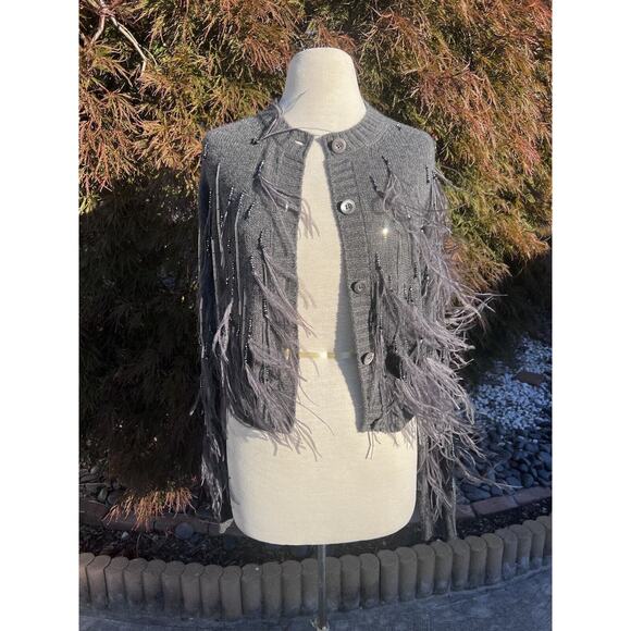 Prada Bead & Feather Embellished Gray Cashmere Cardigan - Picture 1 of 6